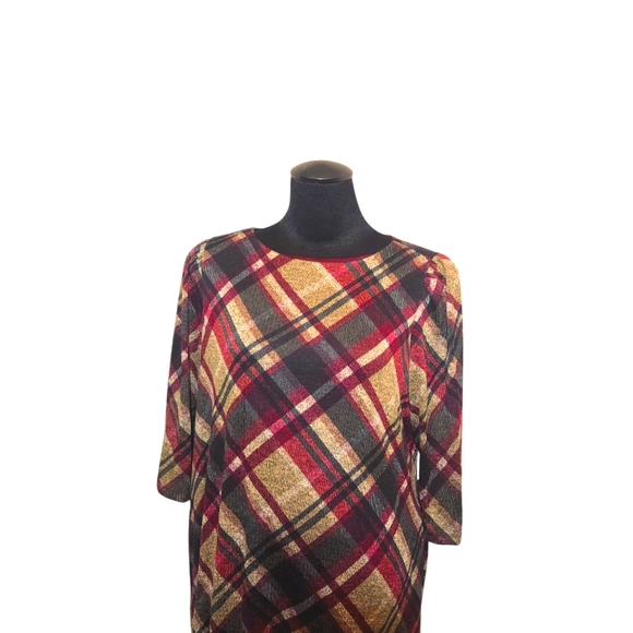 Connected Apparel Red Plaid 3/4 Sleeve Knit Pocketed Shift Dress 2X - Picture 3 of 3